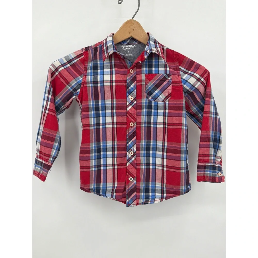 Patriotic Boys 6 Red White Blue Plaid Long Sleeve Button Down Shirt Flag‎ Colors